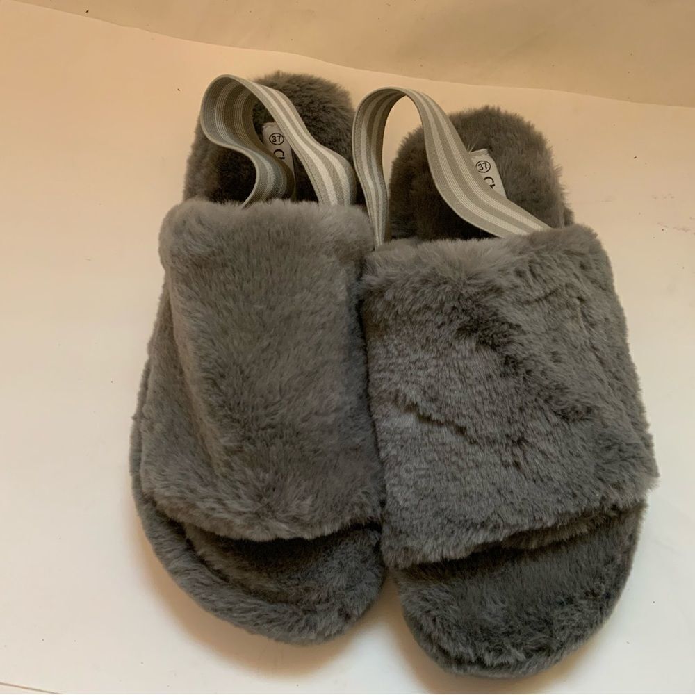 Chenghe Women's Faux Fur Open Toe Slip On Slippers Grey Size 37